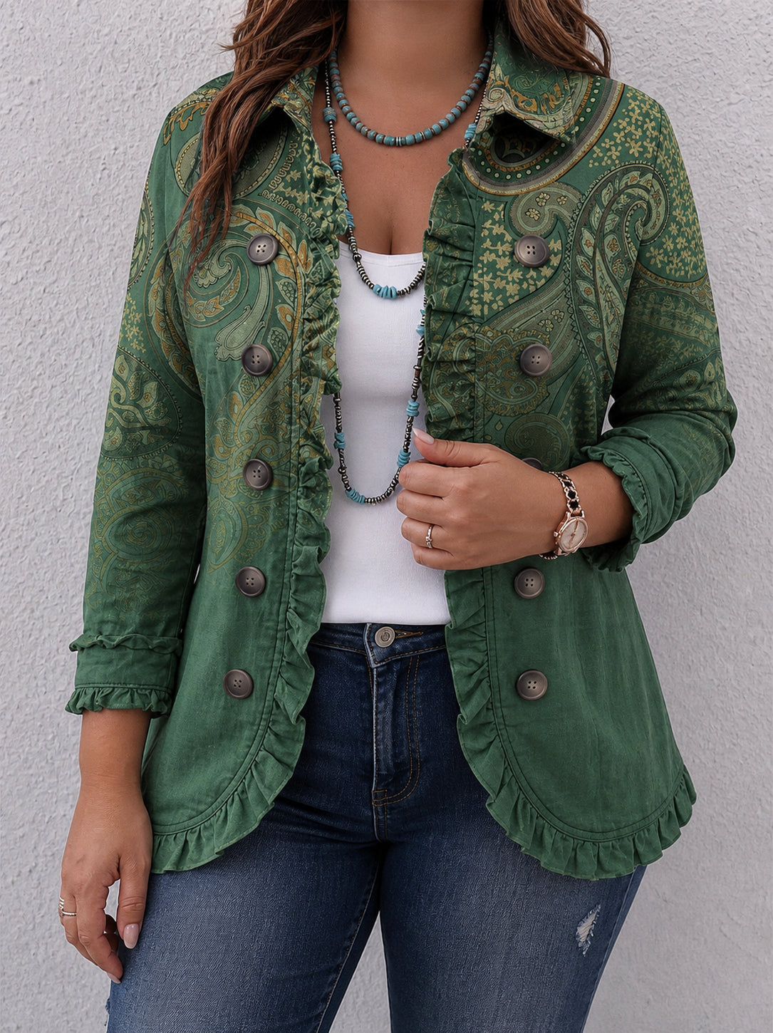 Jemara | Bohemian Paisley Print Ruffled Jacket - Plus size model