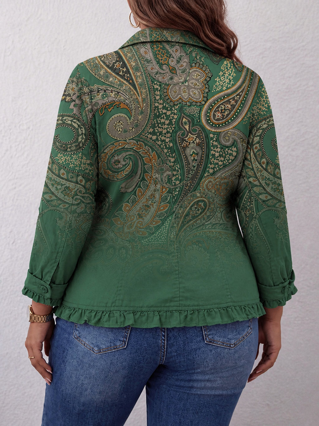 Jemara | Bohemian Paisley Print Ruffled Jacket - Plus size model