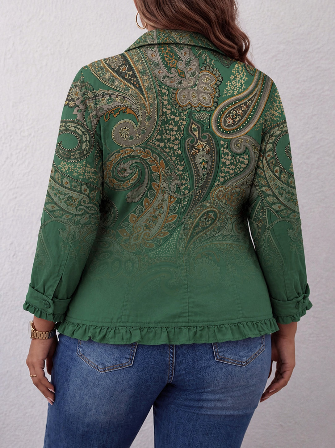 Jemara | Bohemian Paisley Print Ruffled Jacket - Plus size model