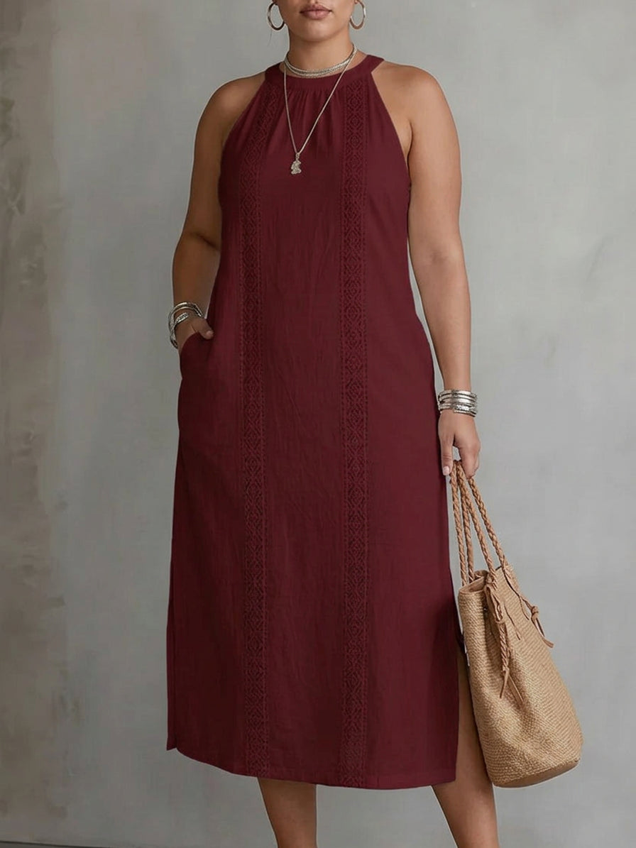 Elina | Linen midi dress with mandarin collar - Plus size model