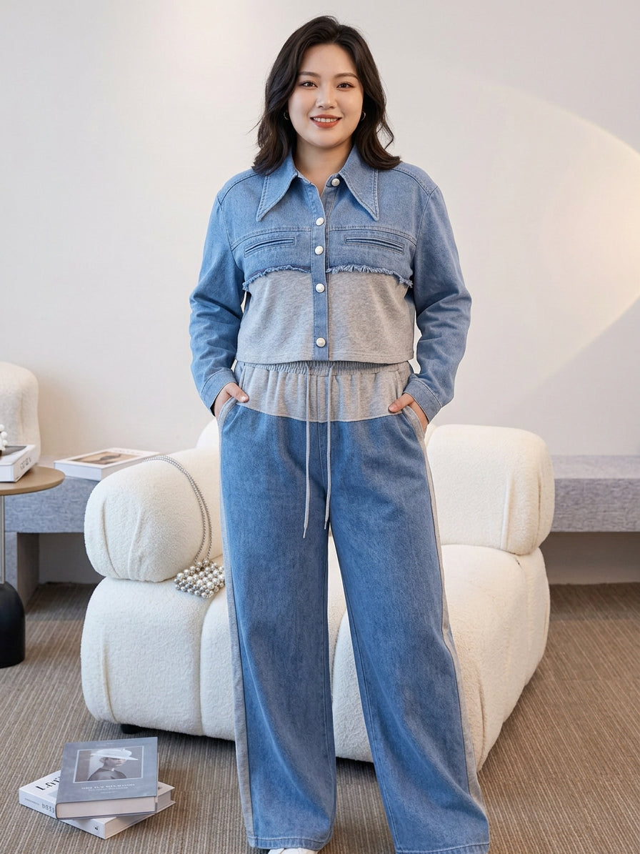 Holbrook | Color-Block Cropped Jacket & Wide-Leg Pants Set - Plus size model