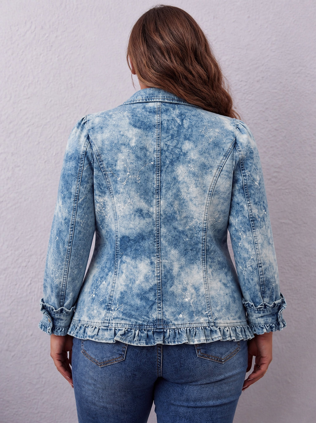 Jemison | Boho-Style Gradient Vintage Botanical Print Ruffle-Detail Jacket - Plus size model