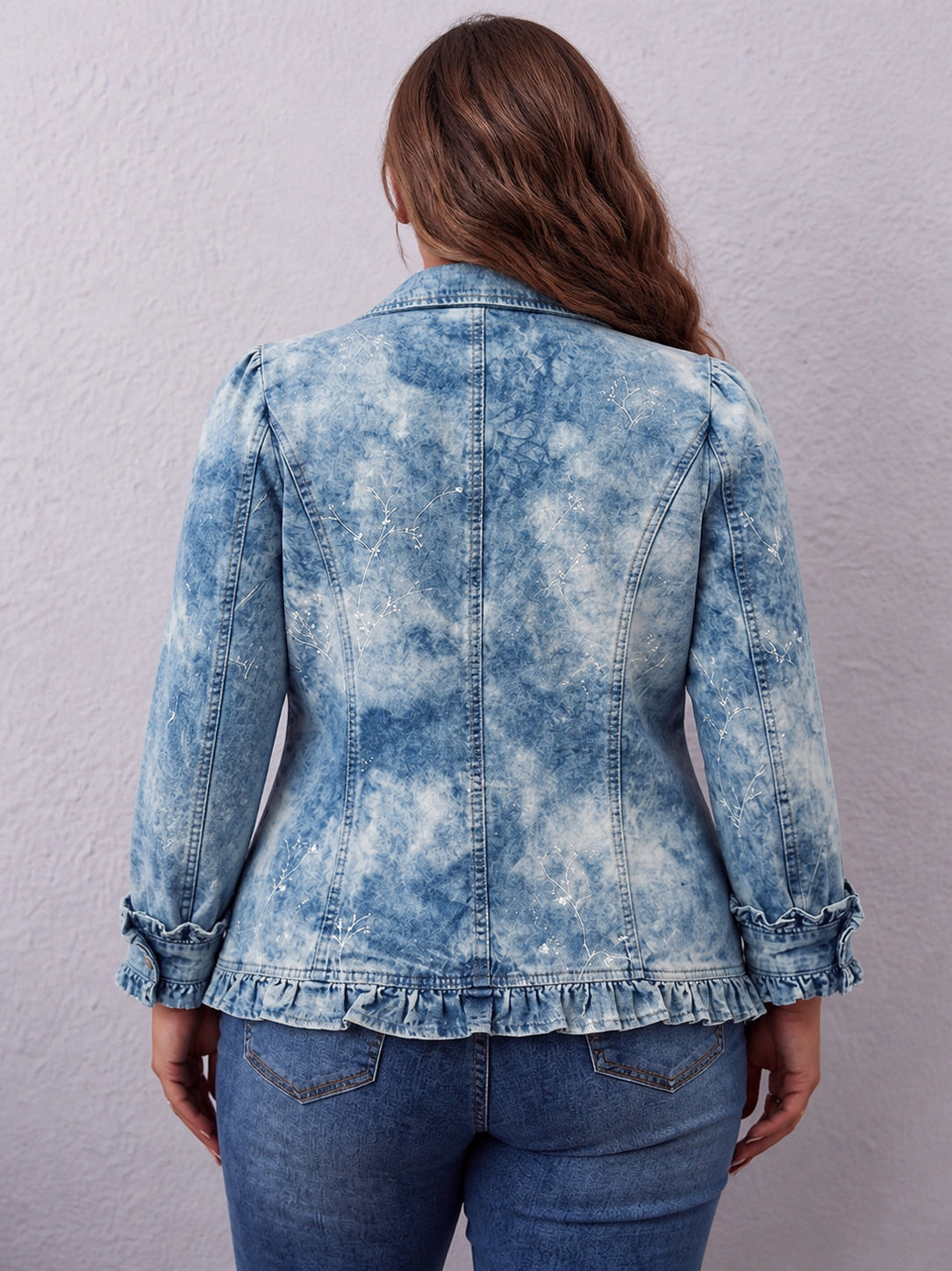 Jemison | Boho-Style Gradient Vintage Botanical Print Ruffle-Detail Jacket - Plus size model