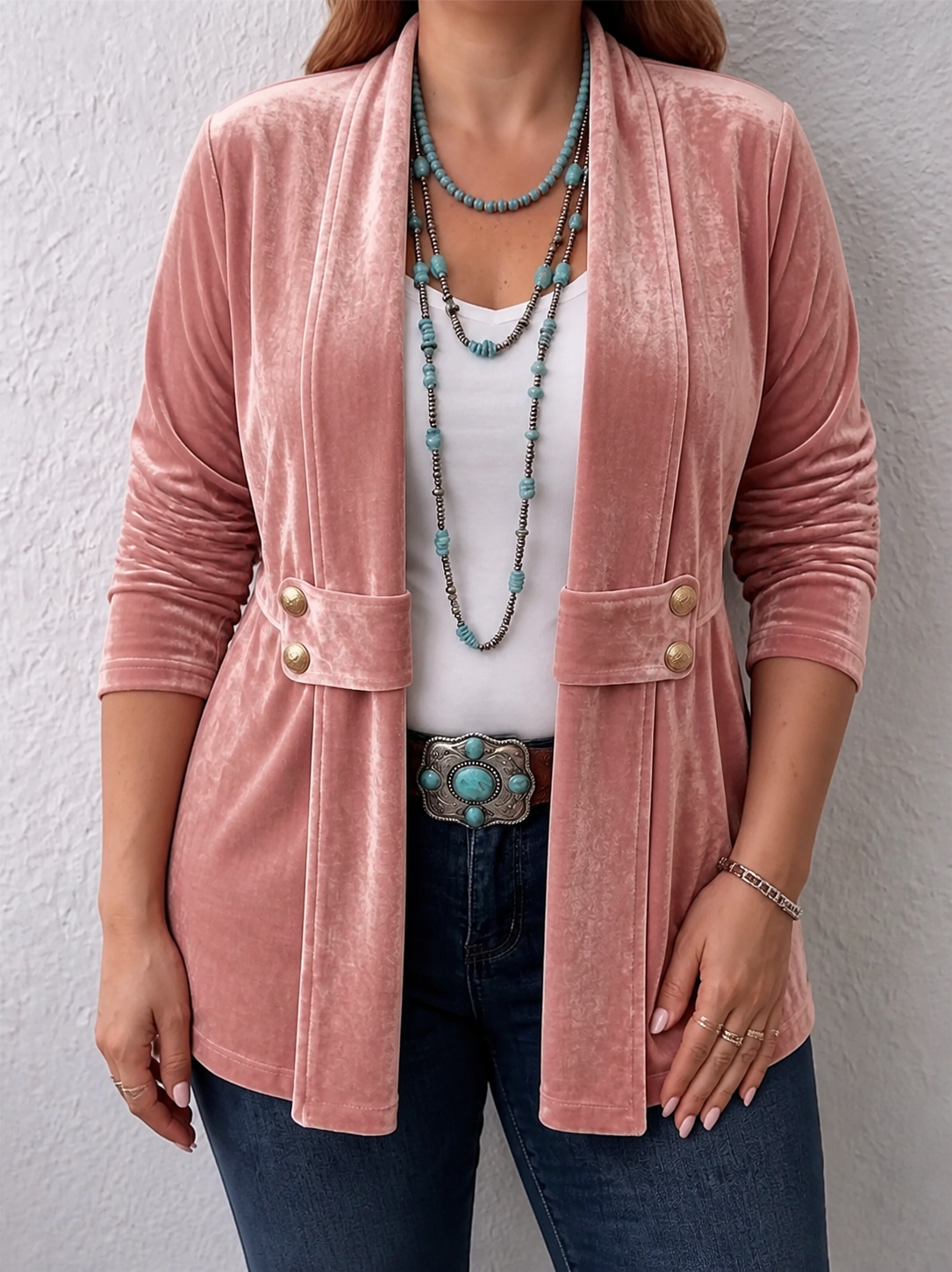 Holliwell | Vintage Lapel Button-Accent Long Sleeve Open Front Jacket - Plus size model