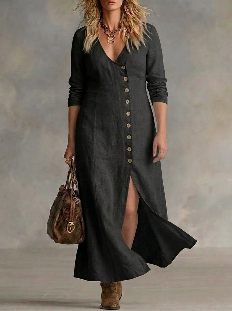 Elara | Button Maxi Dress - Plus size model