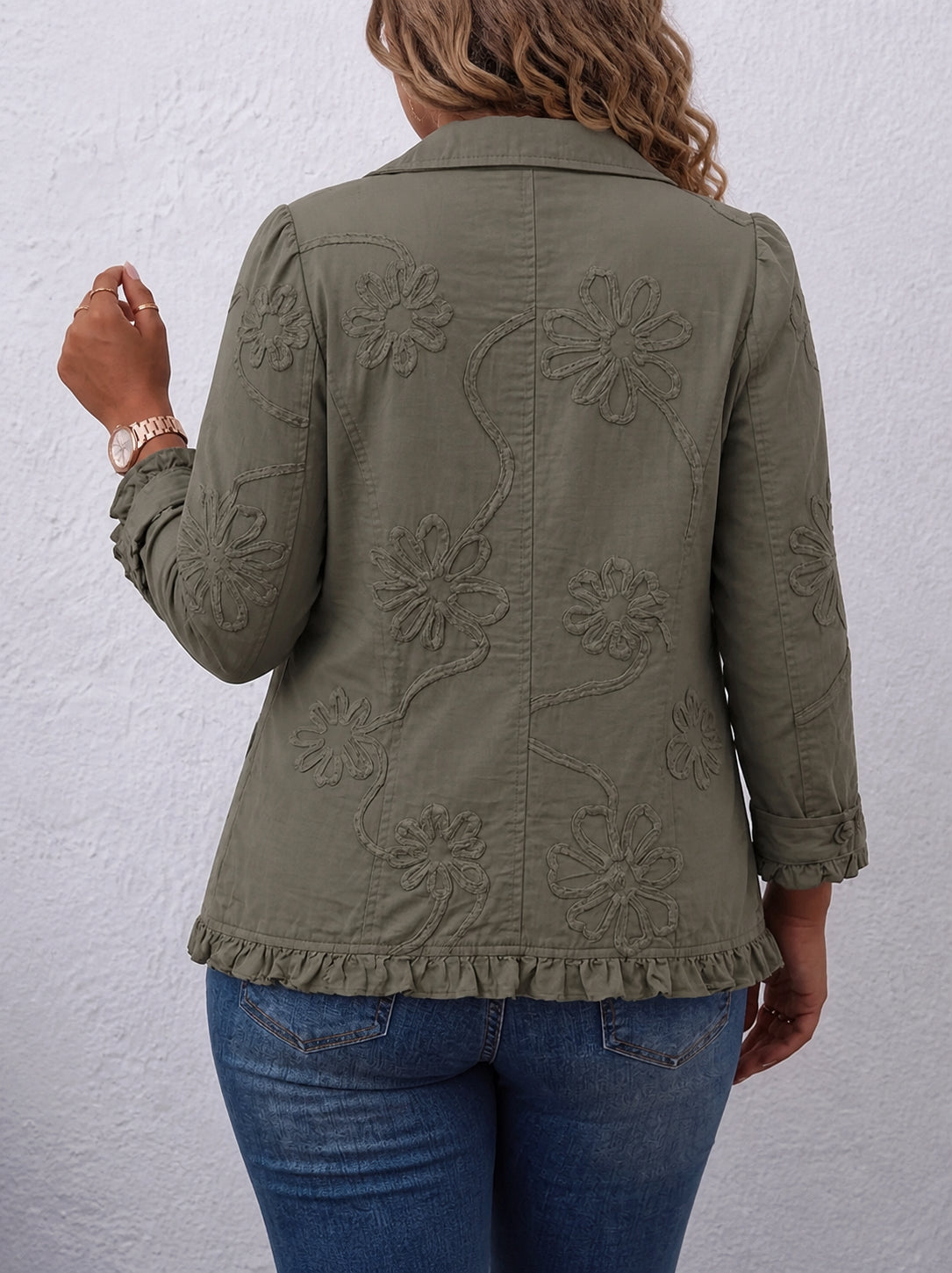 Kamberly | Boho-Chic Floral Embroidered Utility Ruffled Trim Jacket - Plus size model