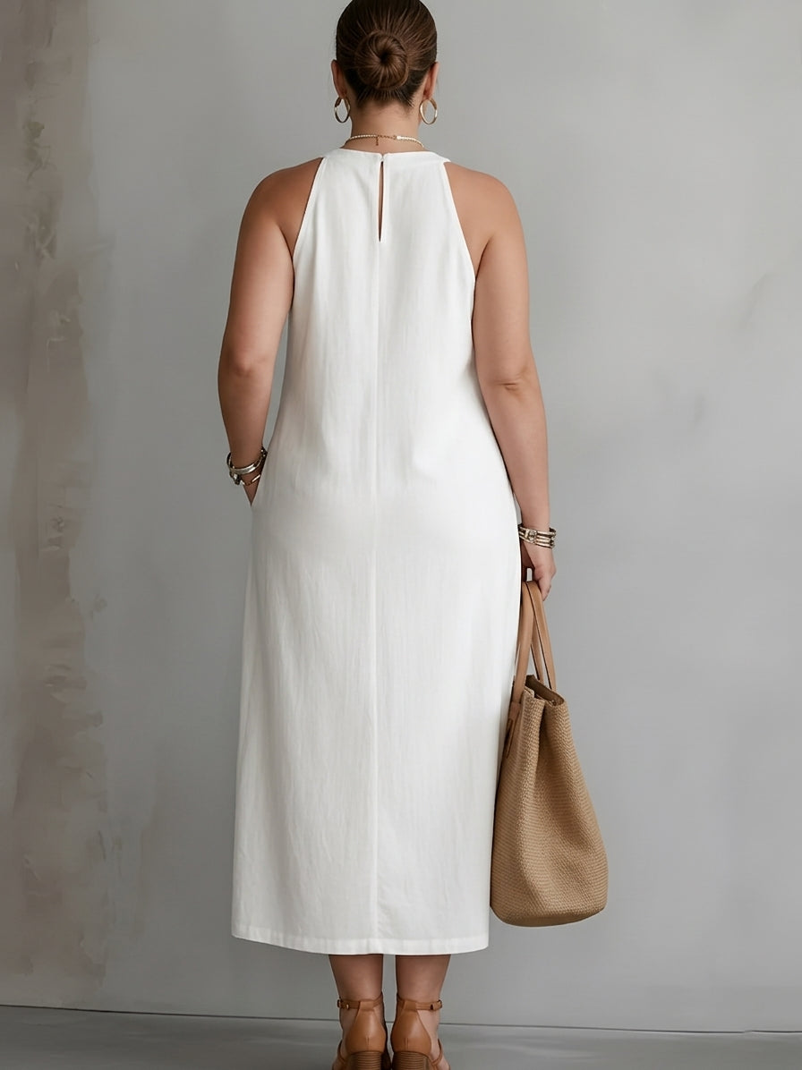 Elina | Linen midi dress with mandarin collar - Plus size model