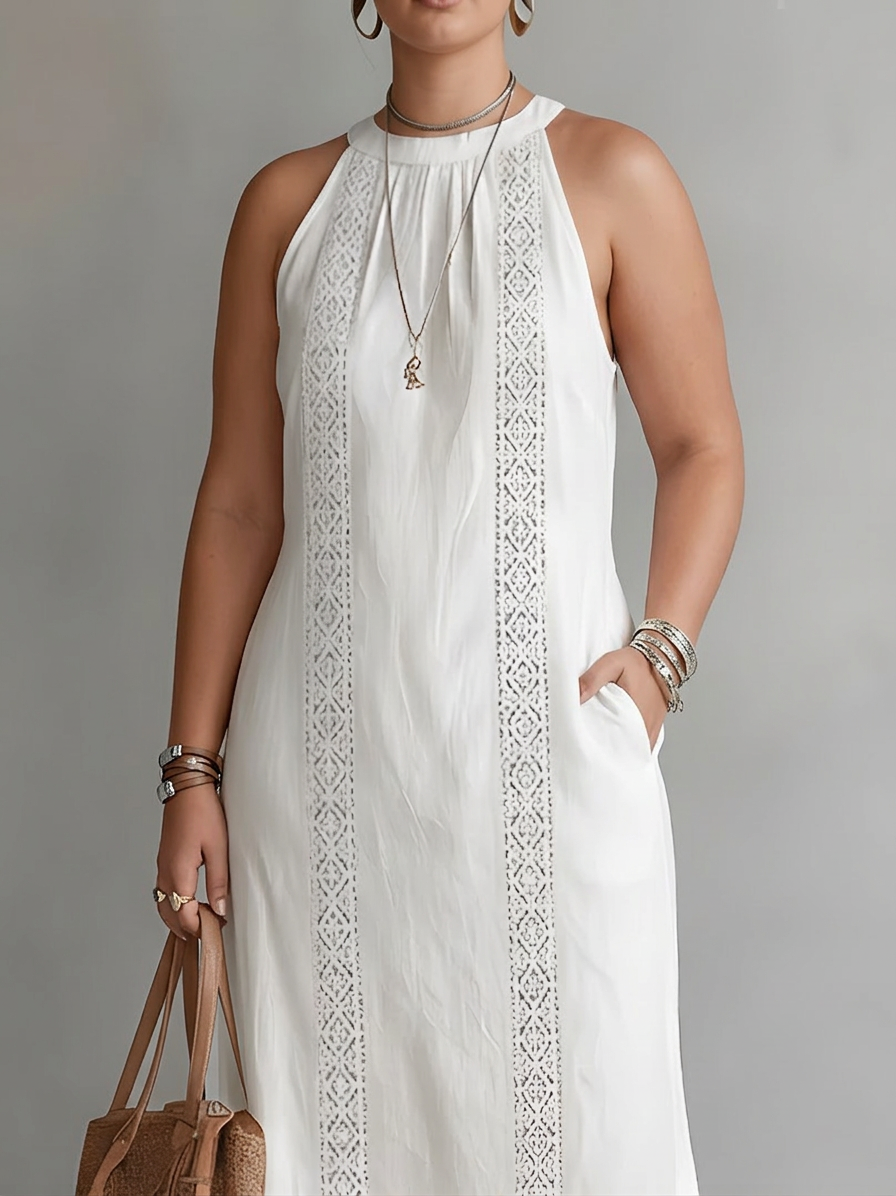 Elina | Linen midi dress with mandarin collar - Plus size model