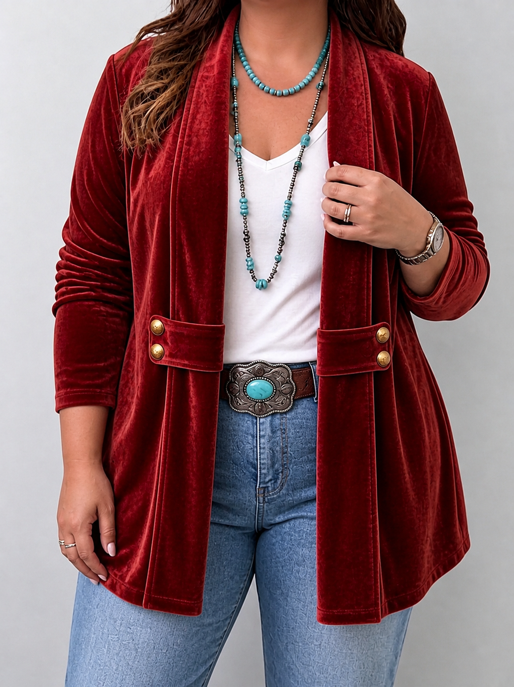 Holliwell | Vintage Lapel Button-Accent Long Sleeve Open Front Jacket - Plus size model