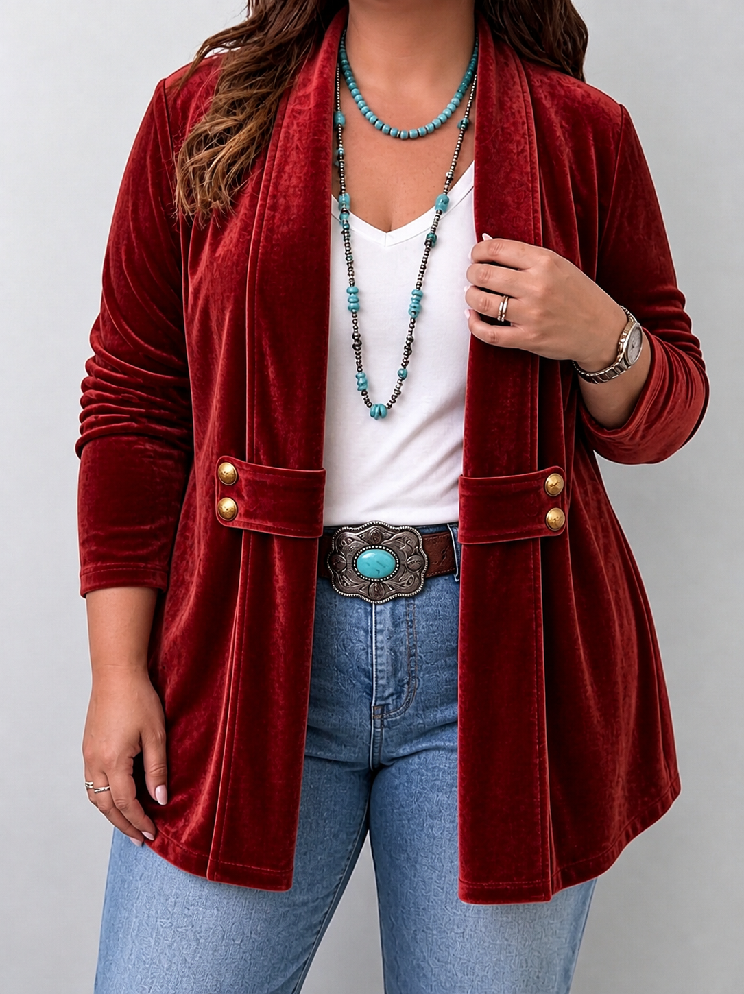 Holliwell | Vintage Lapel Button-Accent Long Sleeve Open Front Jacket - Plus size model