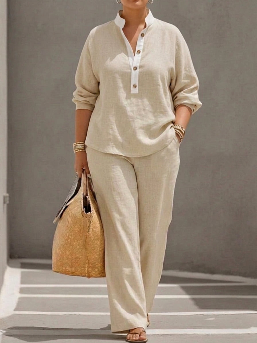 Mariel | Co-ord Set Two-Piece Linen-Effect With Batwing Sleeves & Trousers Flowing - Plus size model