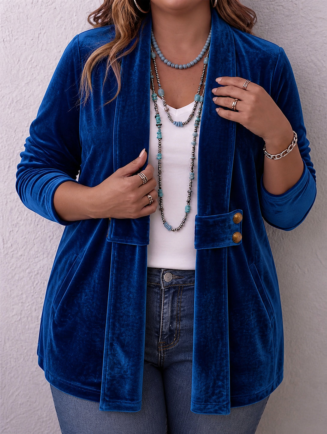 Holliwell | Vintage Lapel Button-Accent Long Sleeve Open Front Jacket - Plus size model