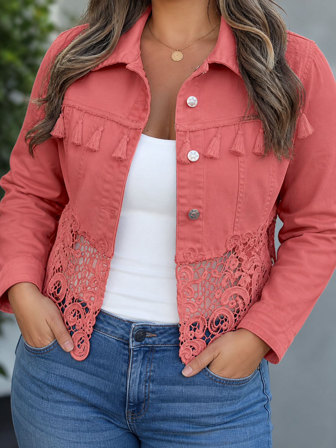Kambria | Fringe & Lace Jacket - Plus size model
