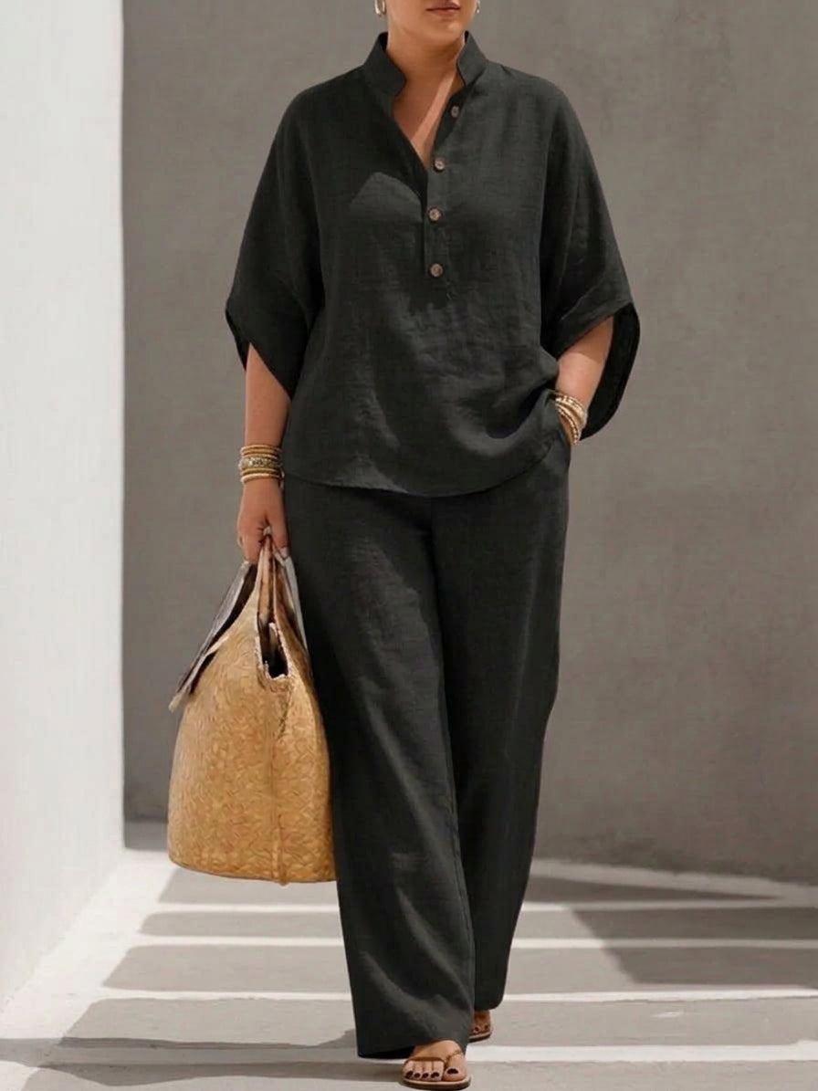 Mariel | Co-ord Set Two-Piece Linen-Effect With Batwing Sleeves & Trousers Flowing - Plus size model