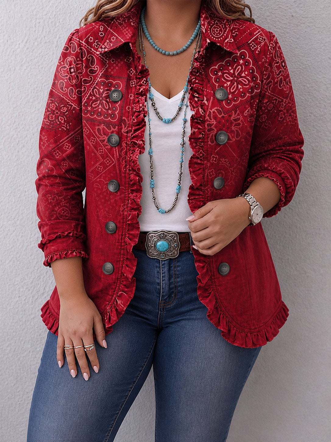 Criselle | Bohemian Paisley Ombré Print Ruffled Jacket - Plus size model