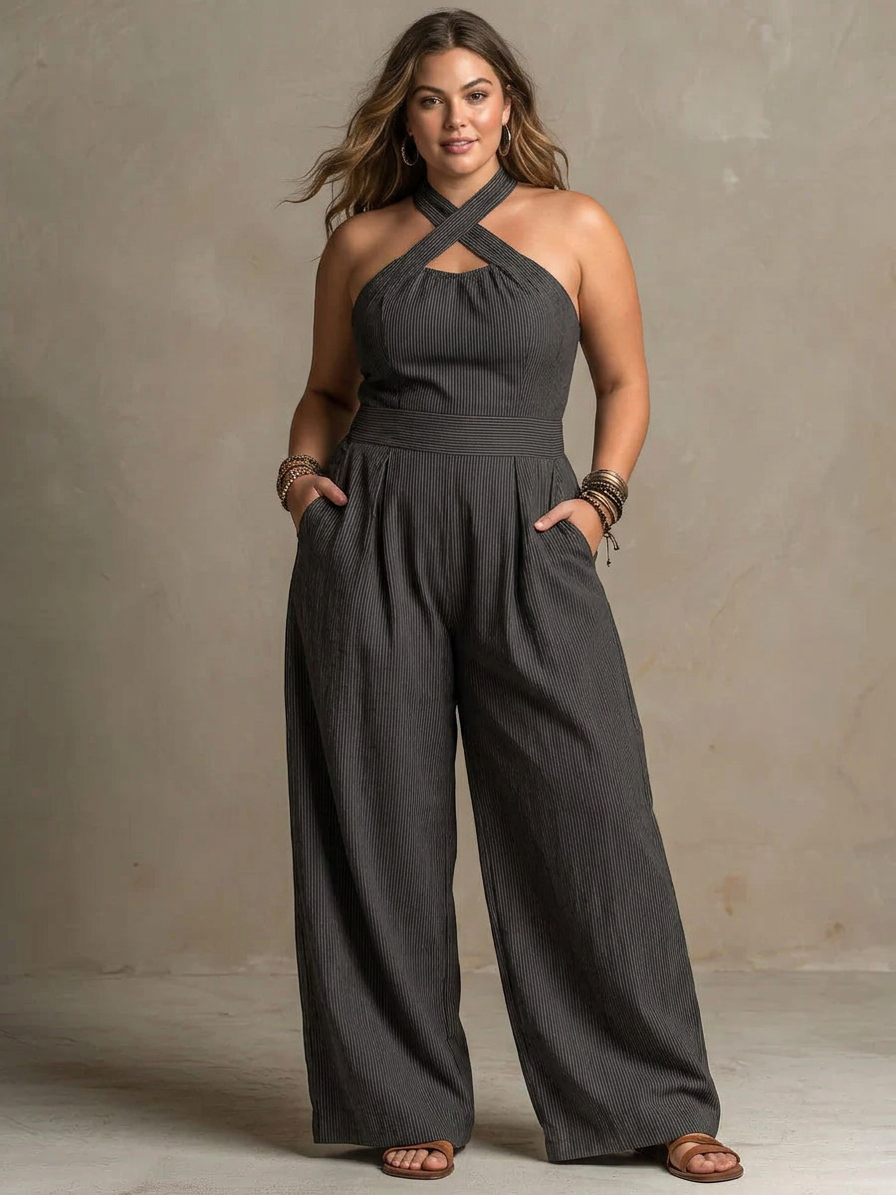 Bianca | Elegant linen and cotton jumpsuit with crossover neckline - Plus size model