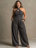 Bianca | Elegant linen and cotton jumpsuit with crossover neckline - Plus size model