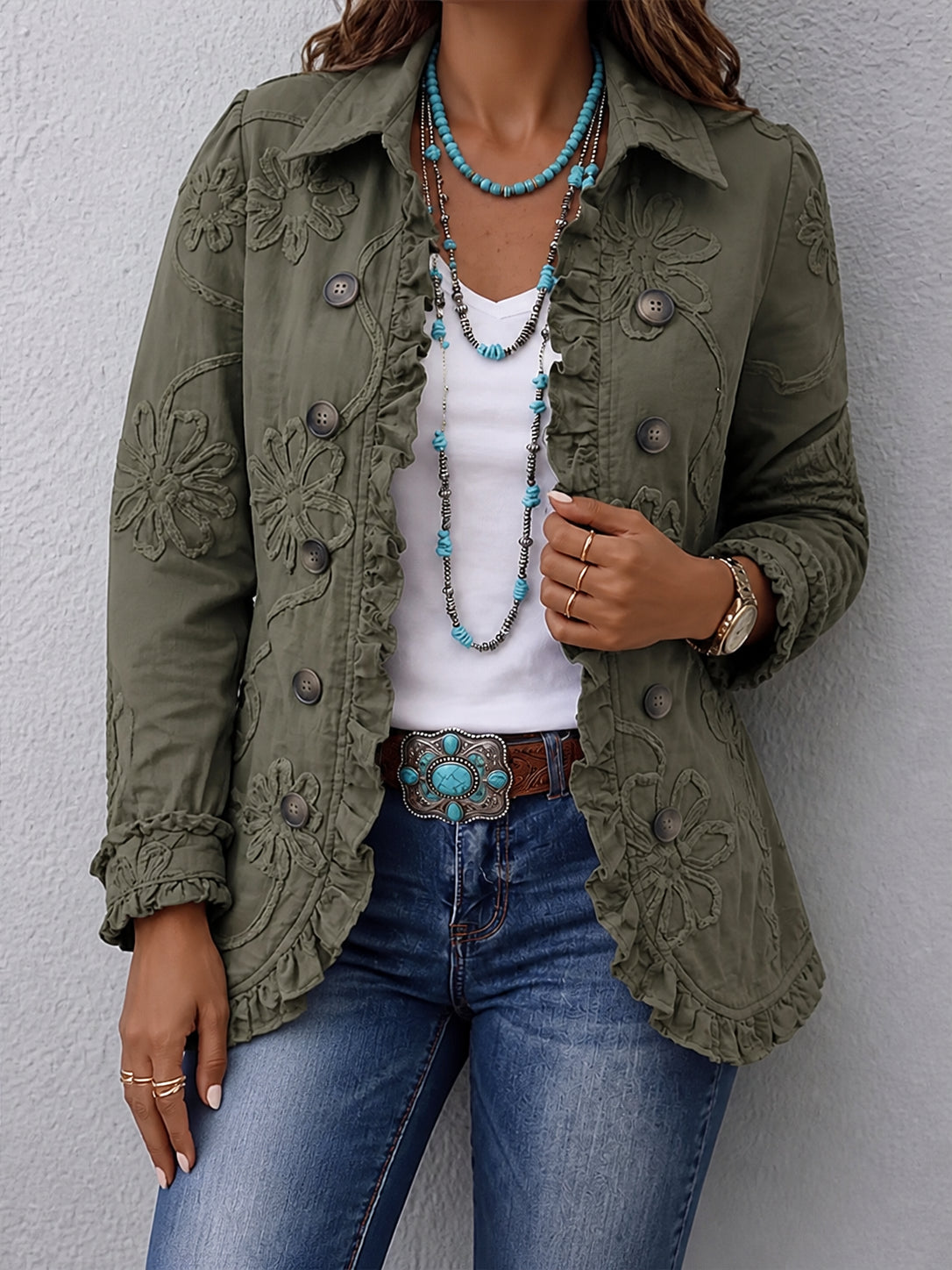 Kamberly | Boho-Chic Floral Embroidered Utility Ruffled Trim Jacket - Plus size model