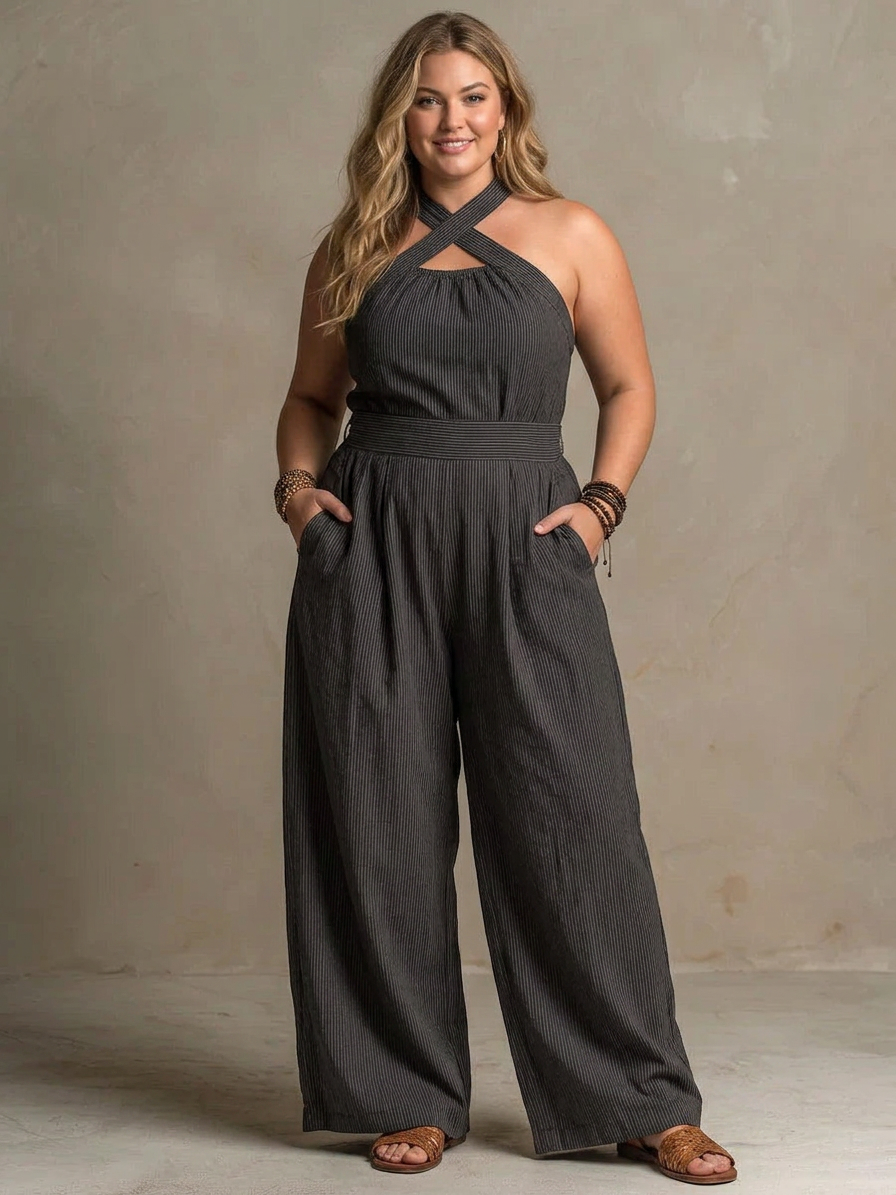 Bianca | Linen and Cotton Jumpsuit with Elegant Cross Neckline - Plus size model