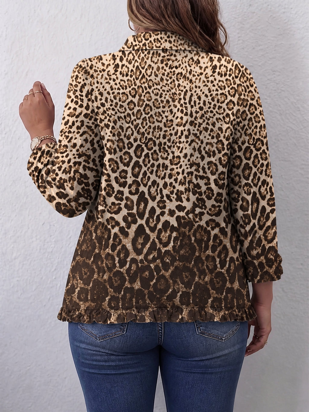 Navara | Leopard Print Ruffled Jacket - Plus size model