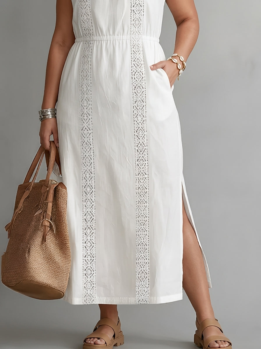 Elina | Linen midi dress with mandarin collar - Plus size model