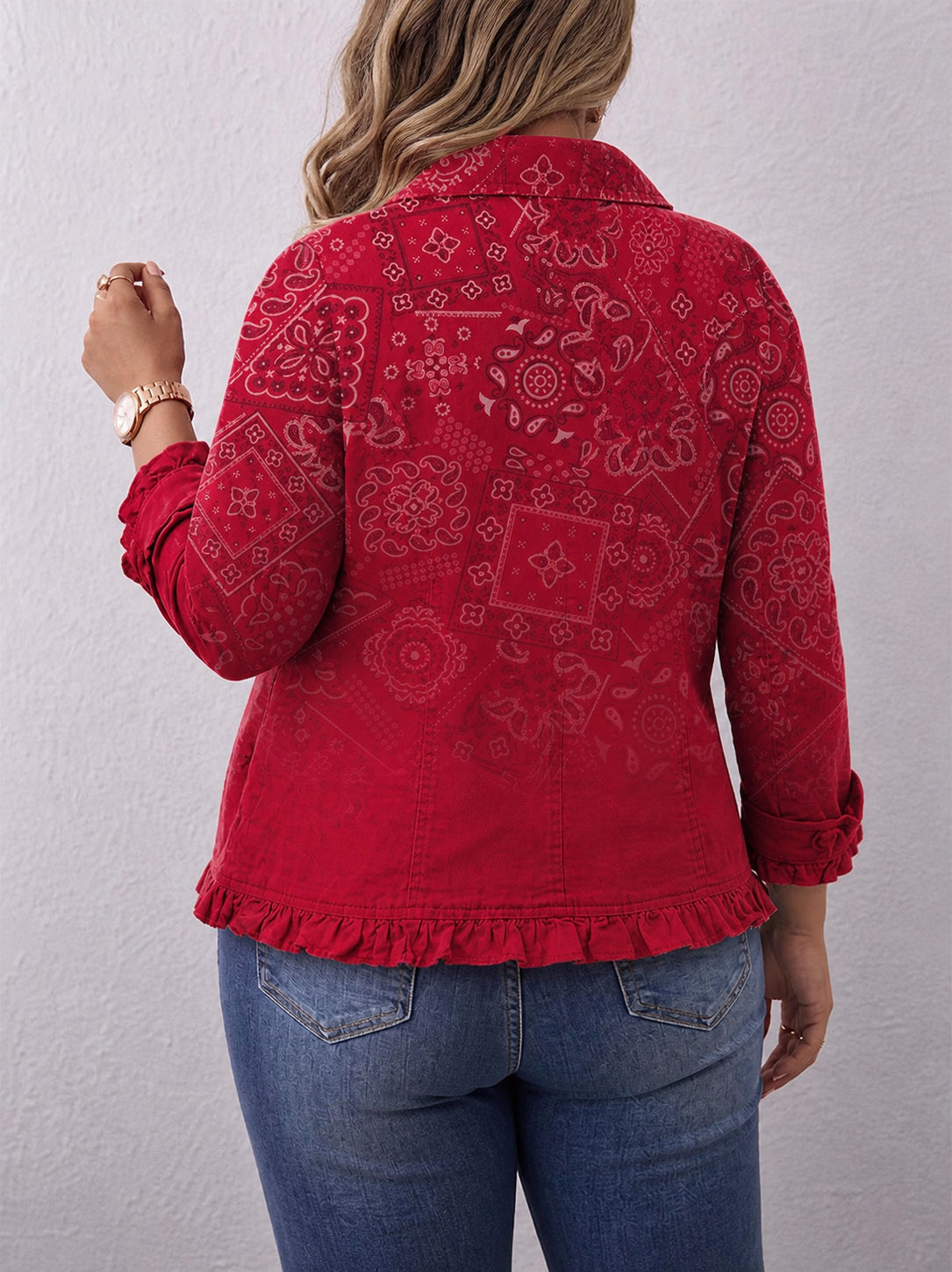 Criselle | Bohemian Paisley Ombré Print Ruffled Jacket - Plus size model