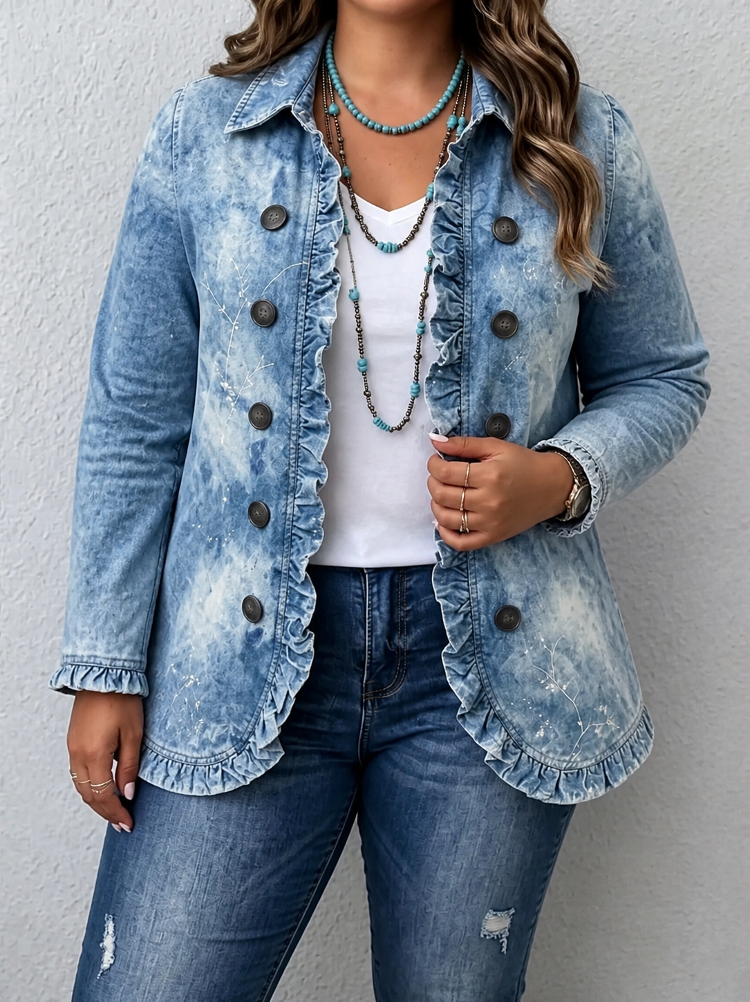 Jemison | Boho-Style Gradient Vintage Botanical Print Ruffle-Detail Jacket - Plus size model