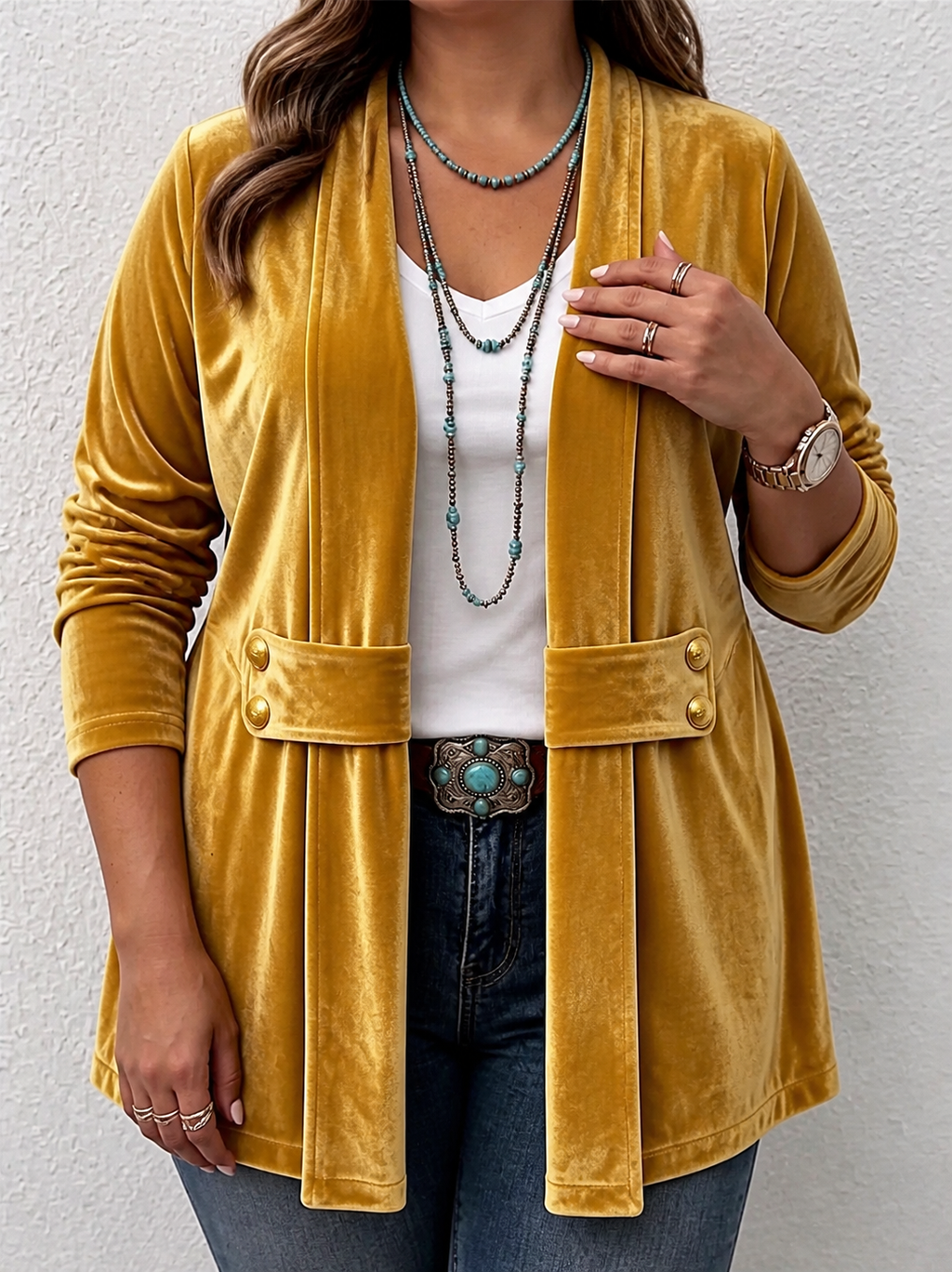 Holliwell | Vintage Lapel Button-Accent Long Sleeve Open Front Jacket - Plus size model