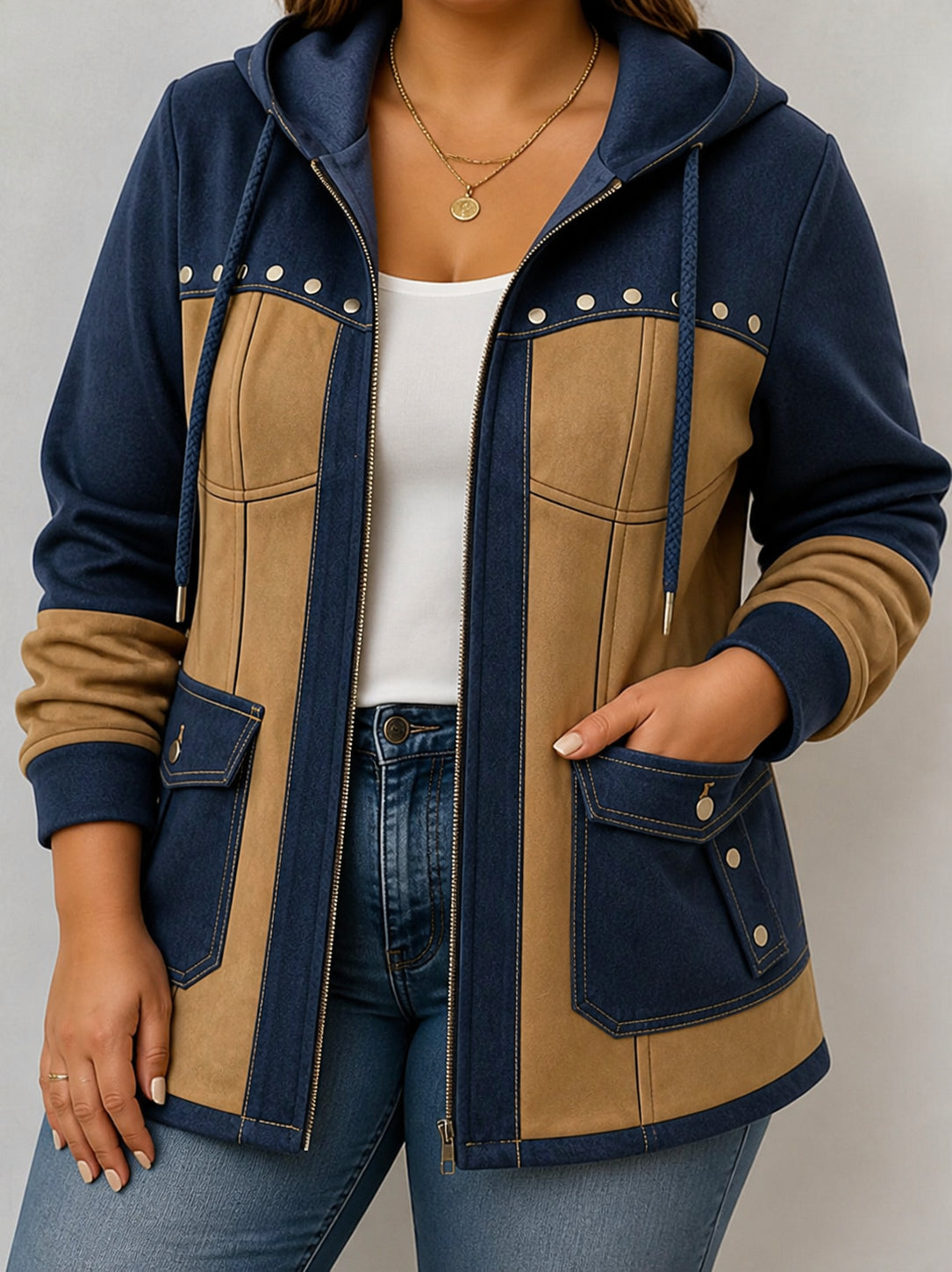 Fawnridge | Patchwork Hooded Jacket - Plus size model
