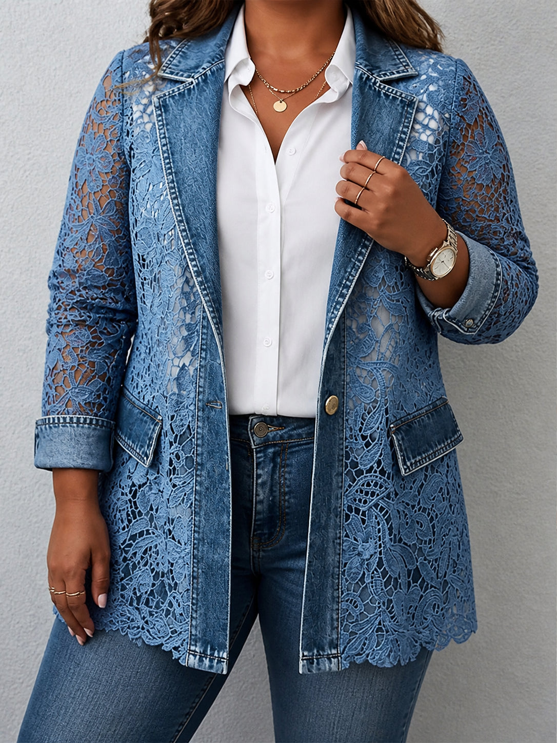 Lacinda | Blazer Jacket with Floral Lace Paneling - Plus size model