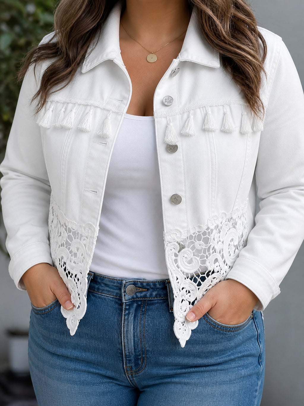 Kambria | Fringe & Lace Jacket - Plus size model