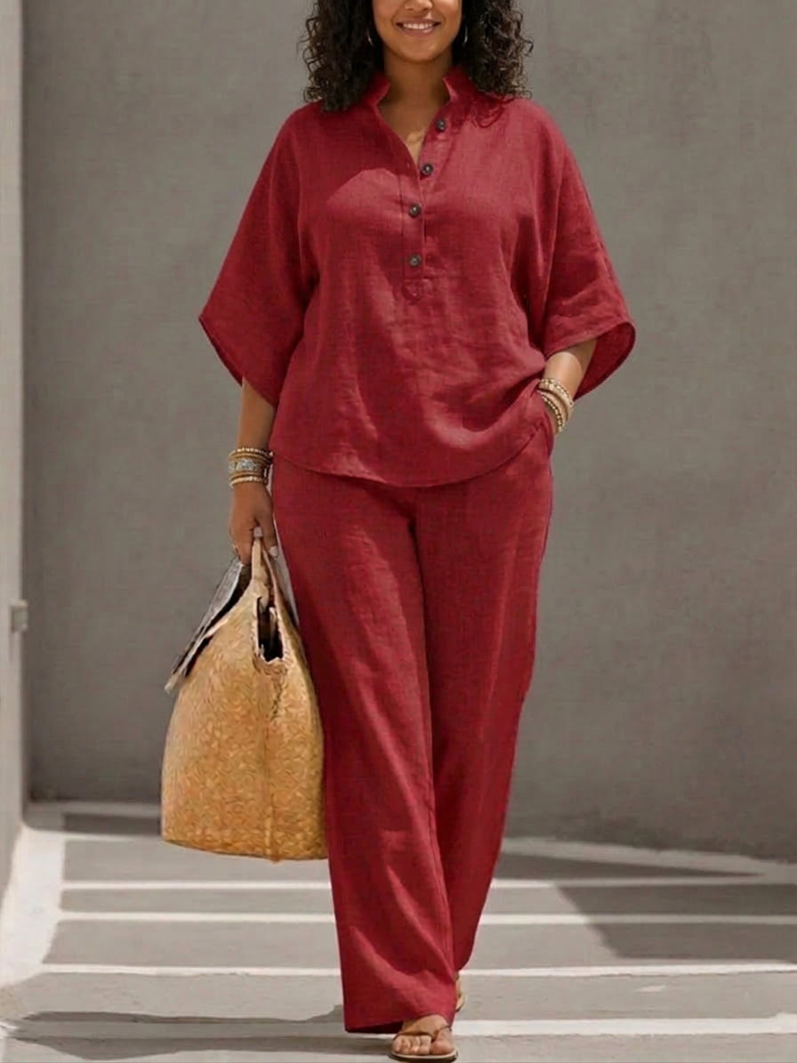 Mariel | Co-ord Set Two-Piece Linen-Effect With Batwing Sleeves & Trousers Flowing - Plus size model