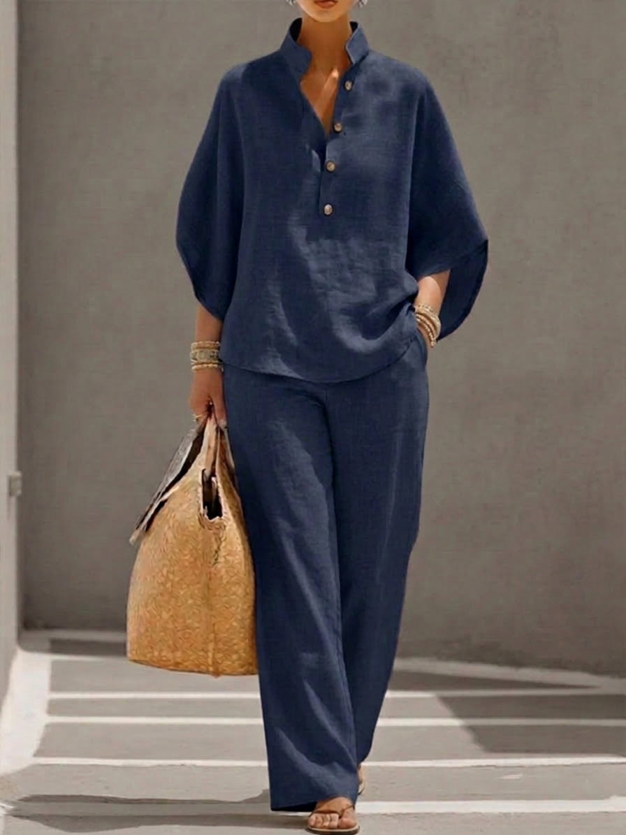 Mariel | Co-ord Set Two-Piece Linen-Effect With Batwing Sleeves & Trousers Flowing - Plus size model