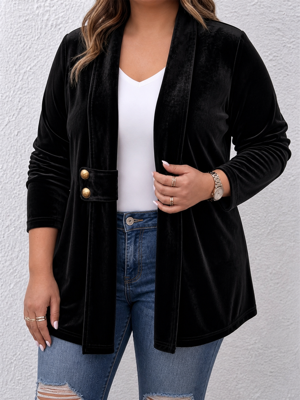 Holliwell | Vintage Lapel Button-Accent Long Sleeve Open Front Jacket - Plus size model