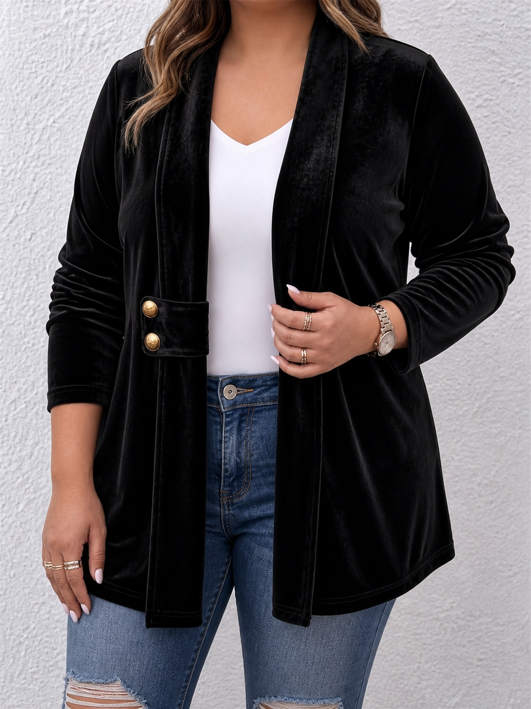 Holliwell | Vintage Lapel Button-Accent Long Sleeve Open Front Jacket - Plus size model