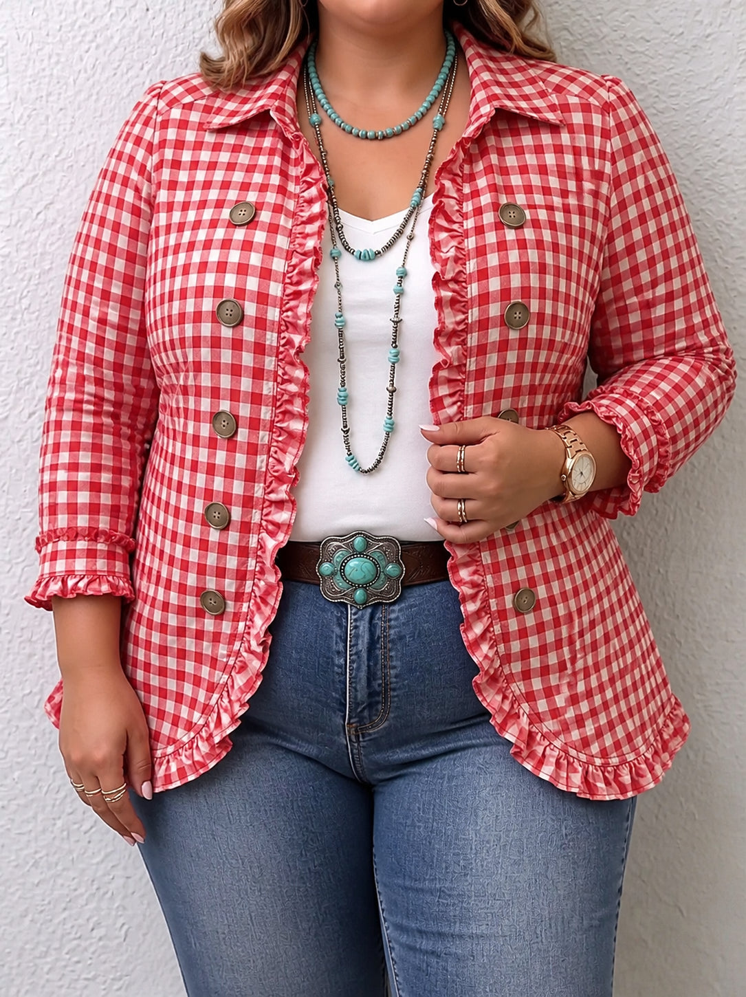 Charlene | Gingham Ruffled Button-Down Jacket - Plus size model