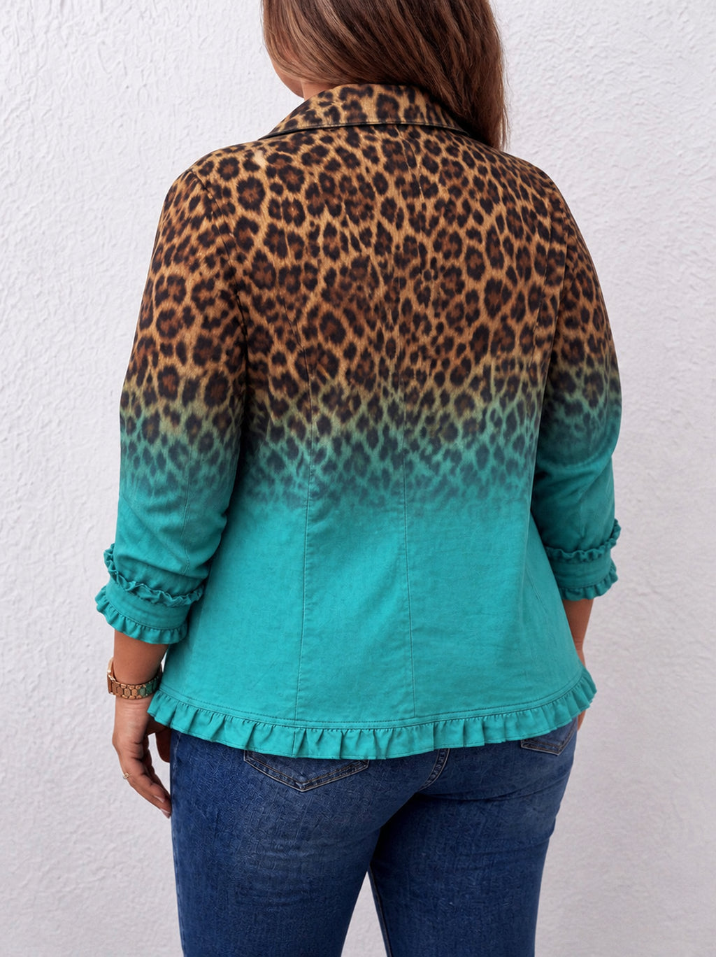 Elspeth | Leopard Ombre Ruffle Blazer Jacket - Plus size model
