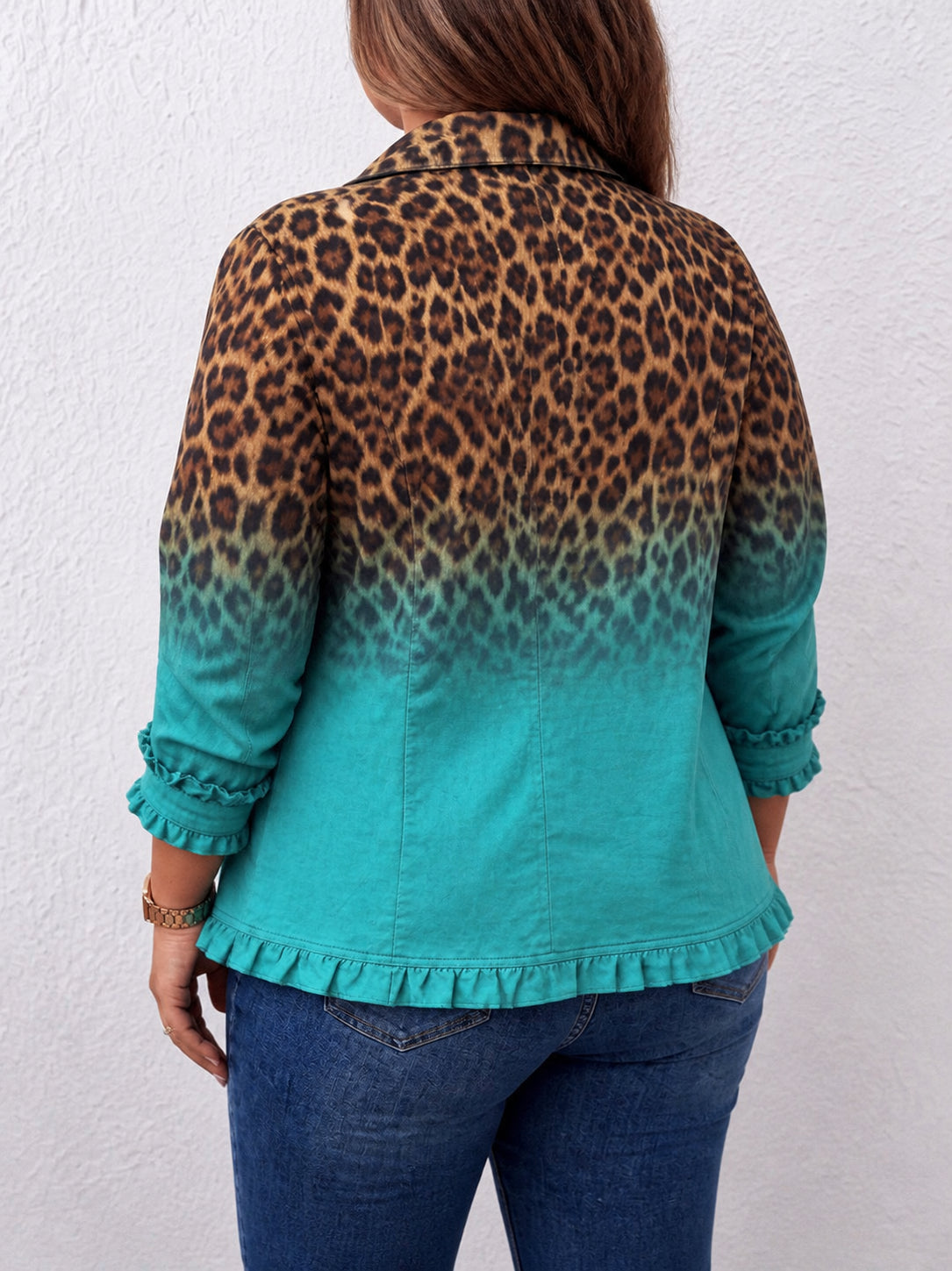 Elspeth | Leopard Ombre Ruffle Blazer Jacket - Plus size model