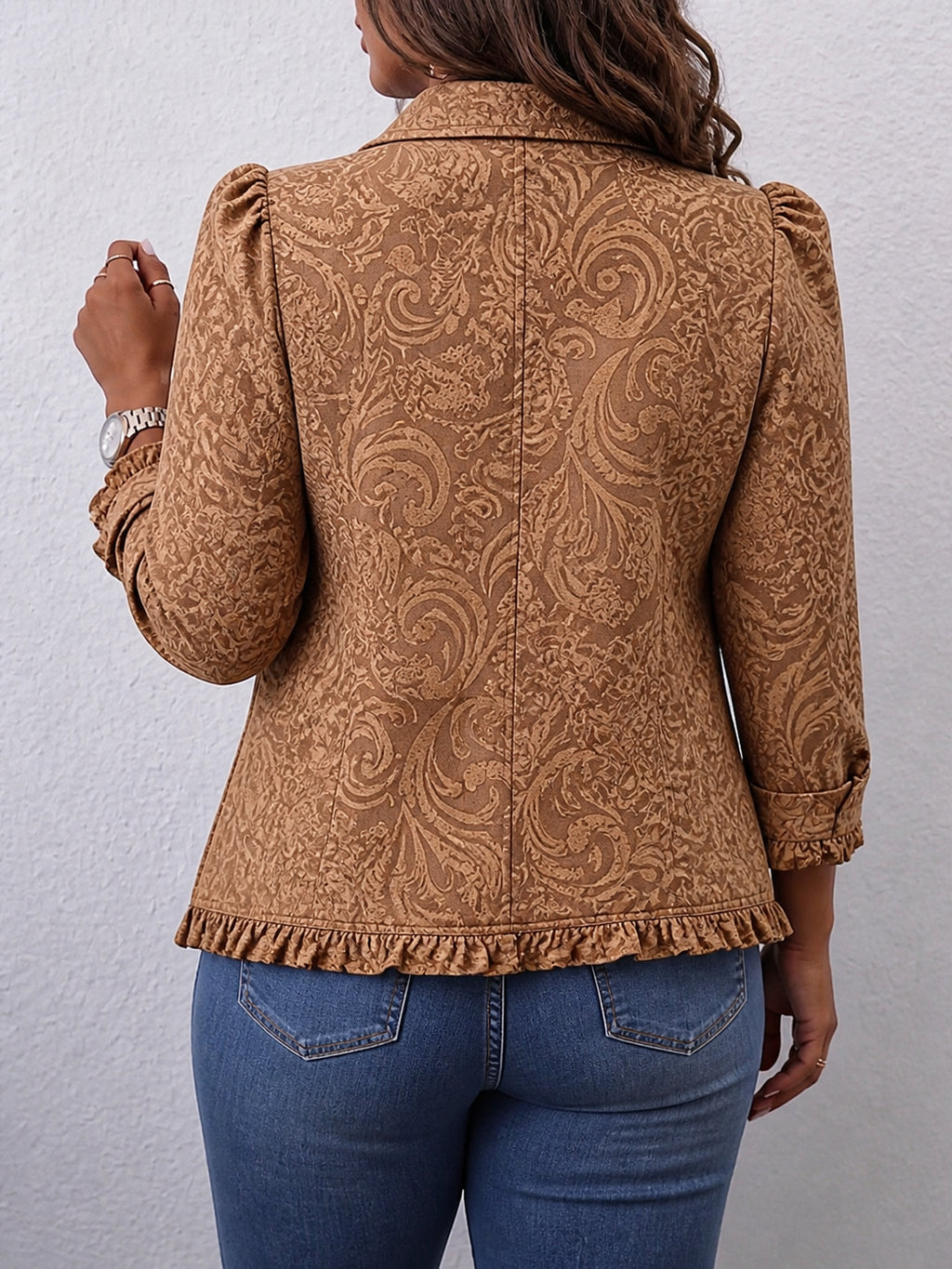 Vyclara | Vintage Bohemian Floral Print Ruffled Jacket - Plus size model