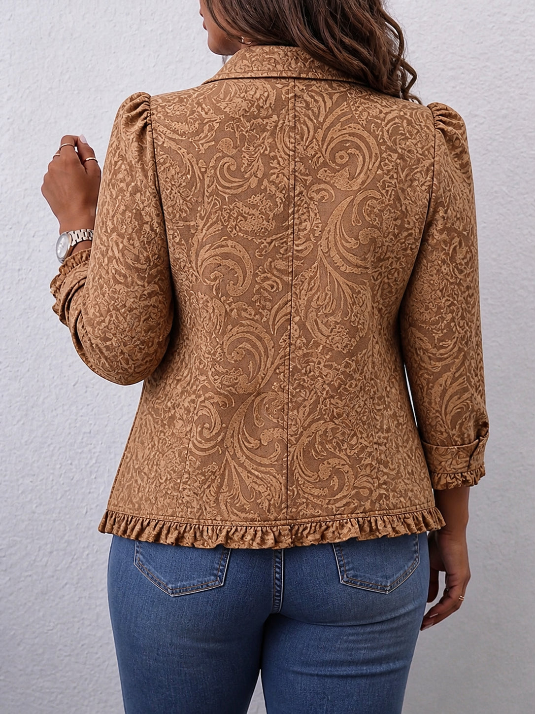Vyclara | Vintage Bohemian Floral Print Ruffled Jacket - Plus size model