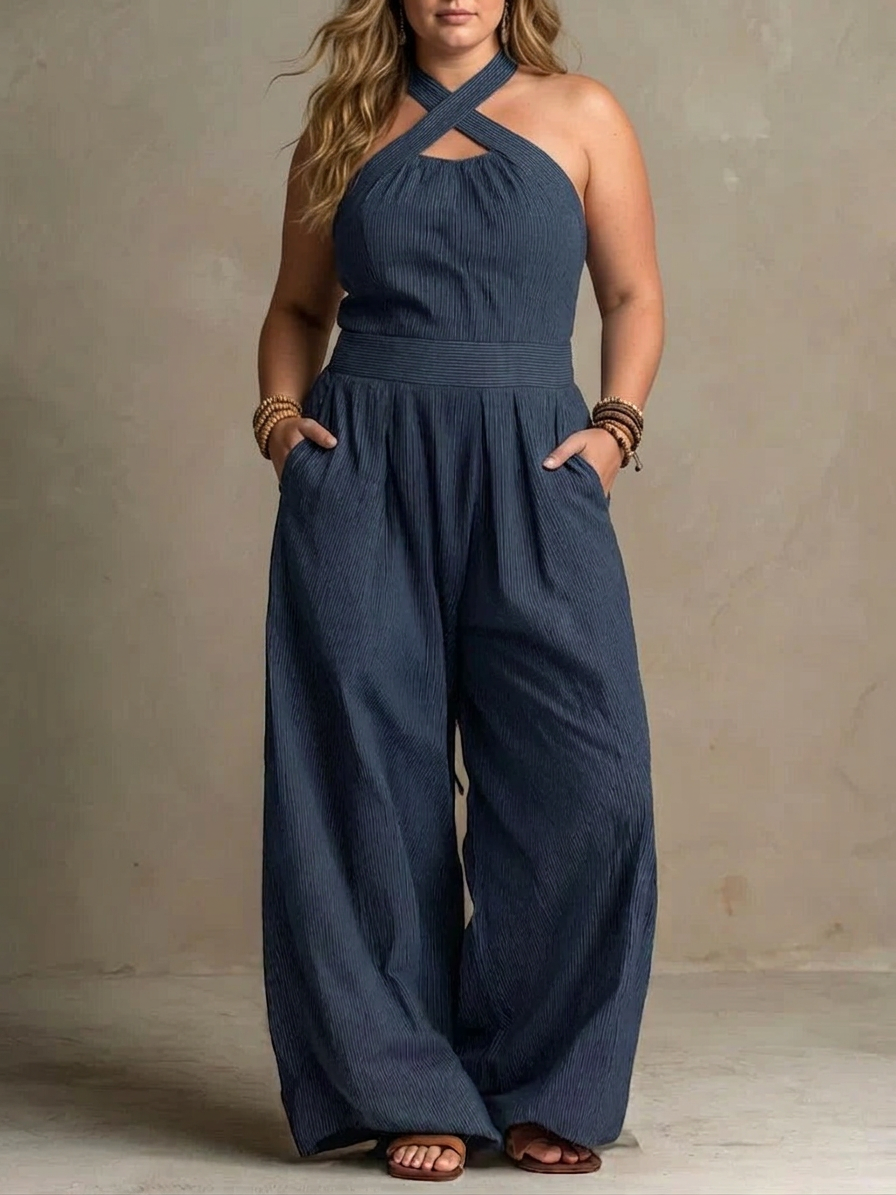 Bianca | Linen and Cotton Jumpsuit with Elegant Cross Neckline - Plus size model