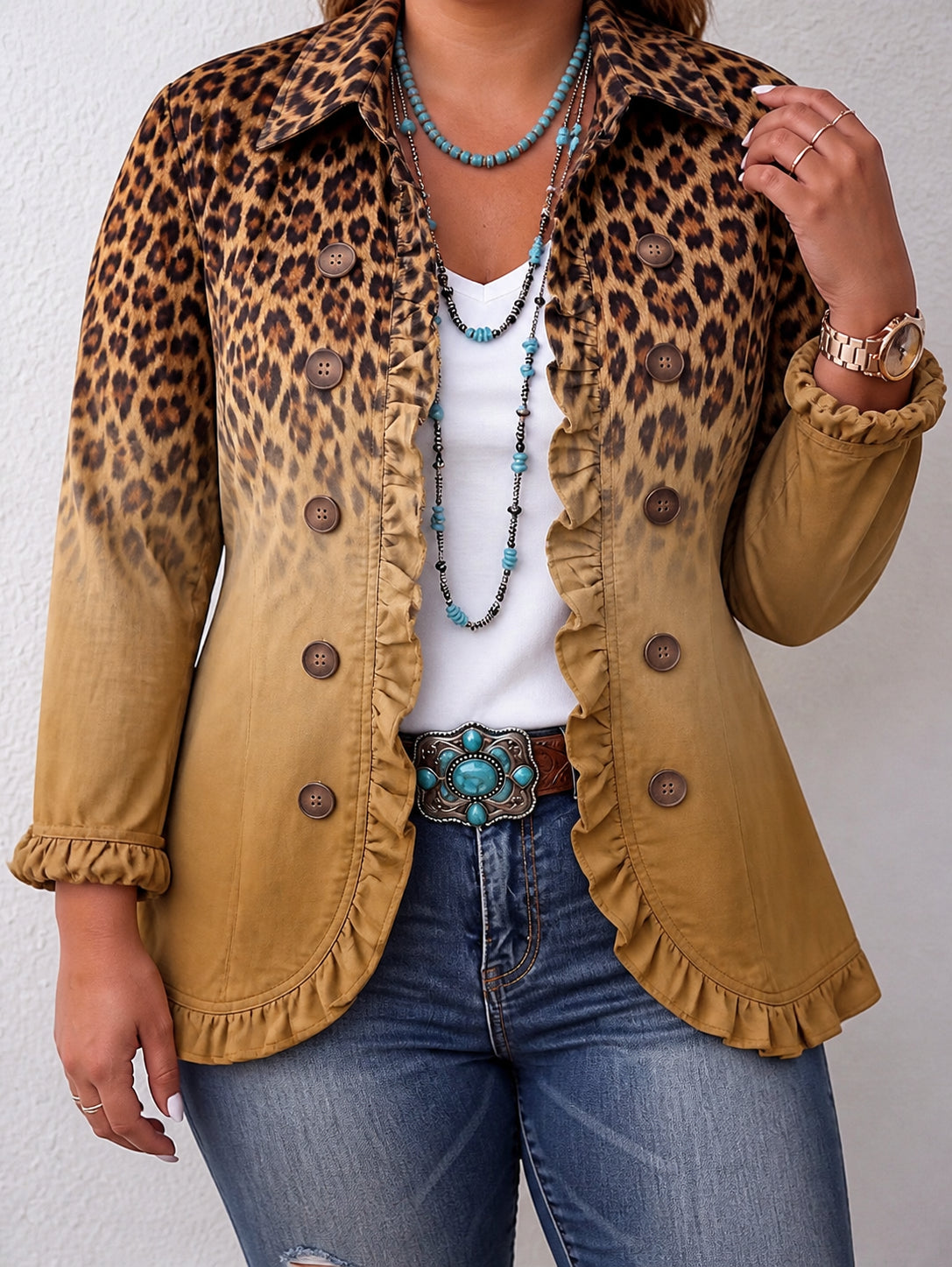 Elspeth | Leopard Ombre Ruffle Blazer Jacket - Plus size model