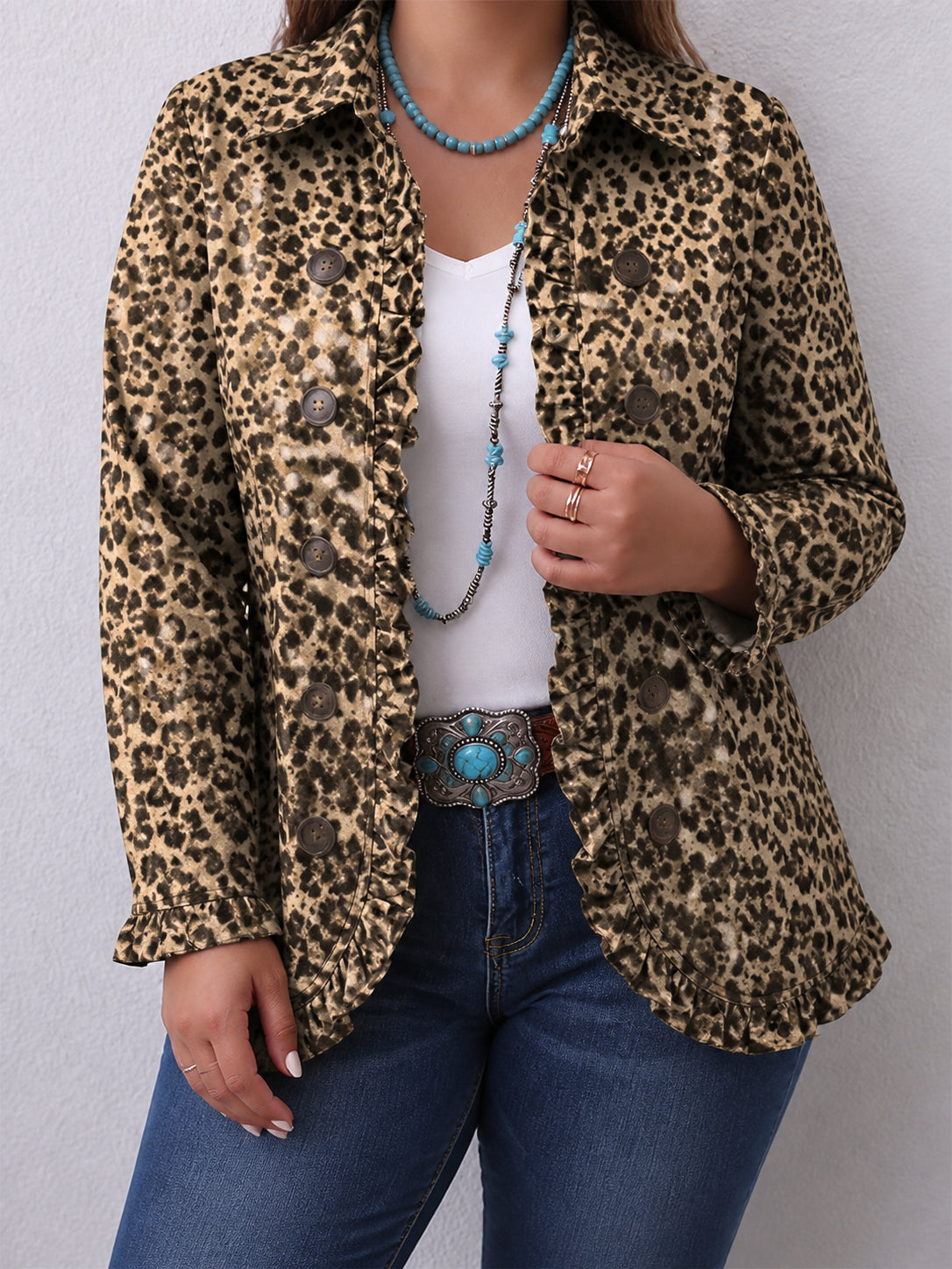 Navara | Leopard Print Ruffled Jacket - Plus size model