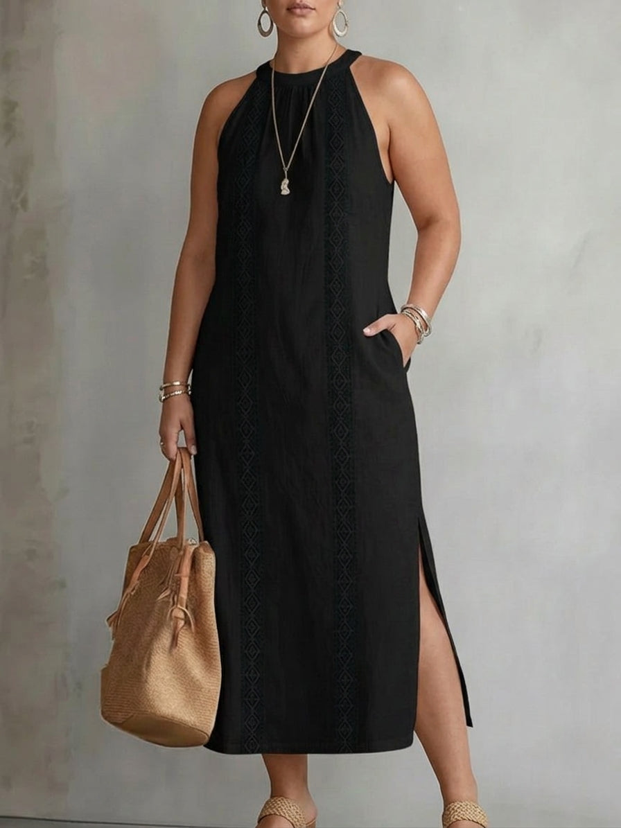 Elina | Linen midi dress with mandarin collar - Plus size model