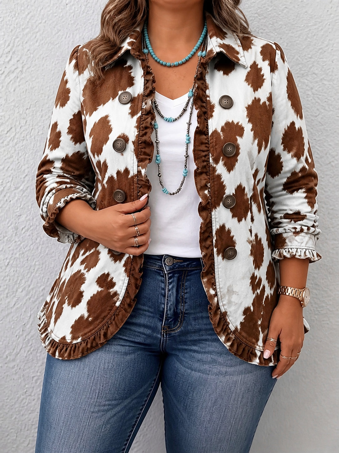 Holliday | Cow-Print Ruffle Jacket - Plus size model