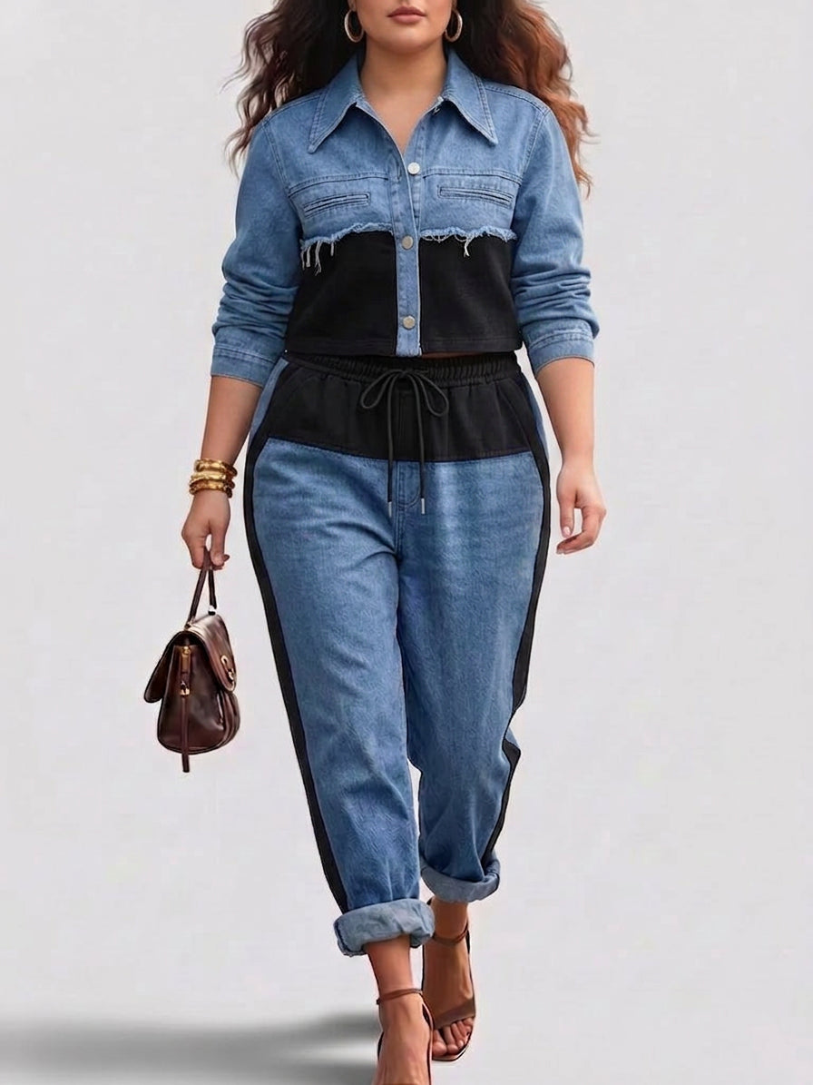 Holbrook | Color-Block Cropped Jacket & Wide-Leg Pants Set - Plus size model