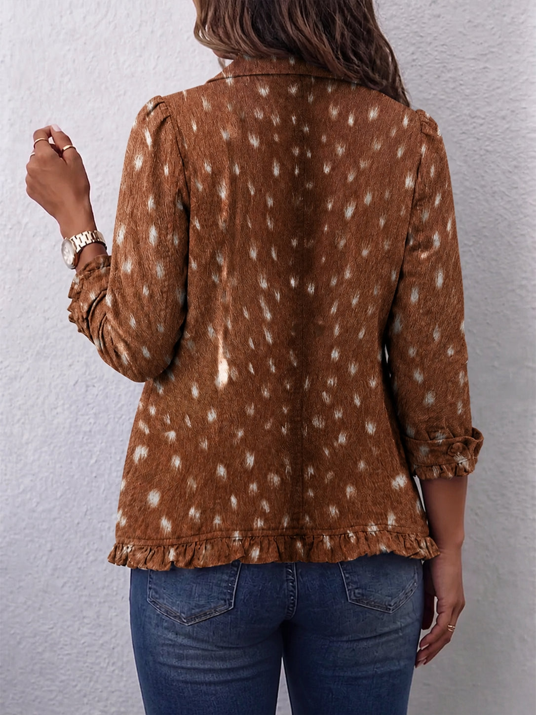 Nolinda | Bohemian Animal-Print Ruffled Jacket - Plus size model
