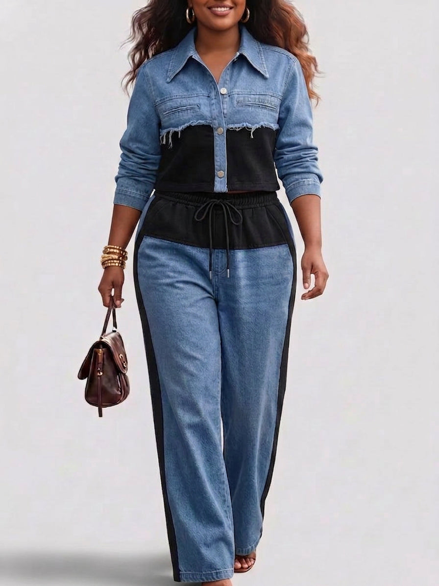 Holbrook | Color-Block Cropped Jacket & Wide-Leg Pants Set - Plus size model