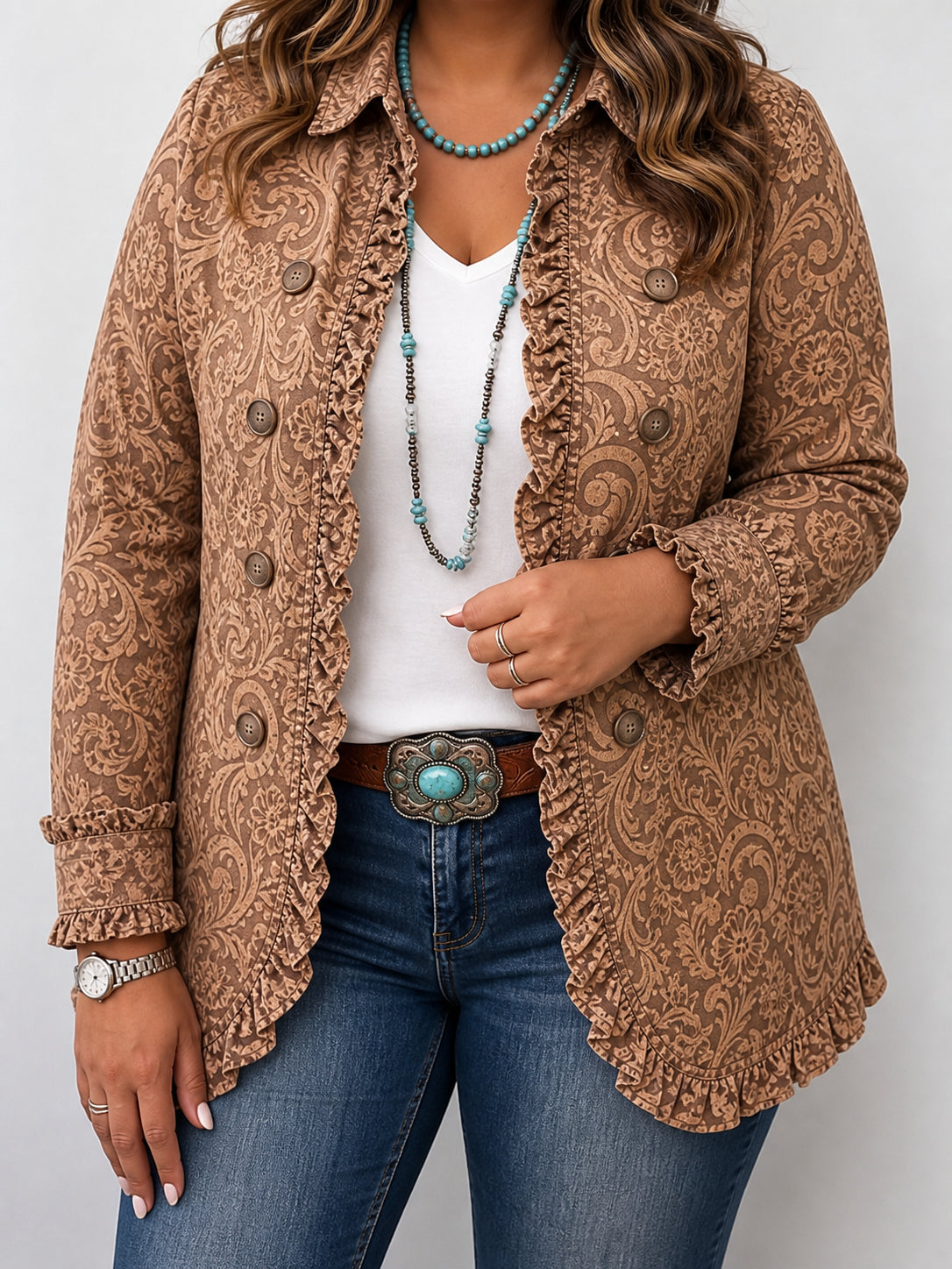 Vyclara | Vintage Bohemian Floral Print Ruffled Jacket - Plus size model