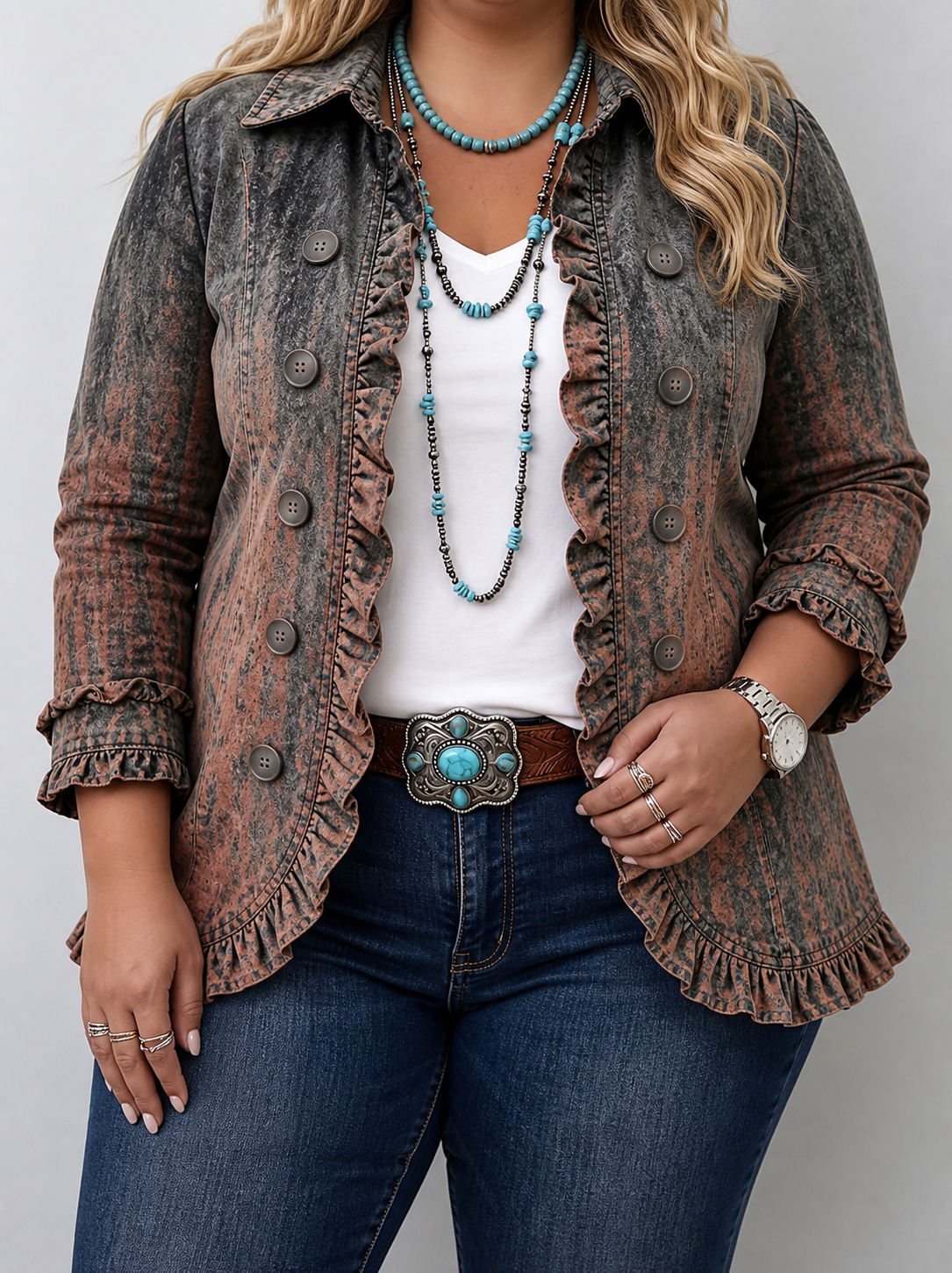 Bristow | Vintage Gradient Textured Print Ruffle Jacket - Plus size model